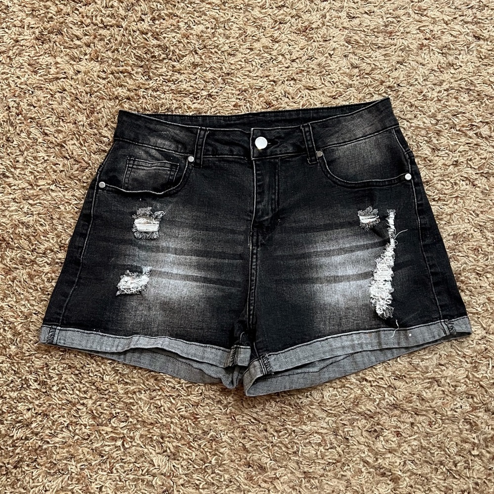 Light Washed Black Stretchy Distressed Jean Shorts
